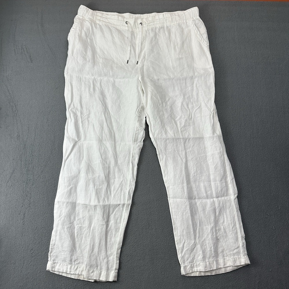 LL Bean Linen Pants Womens 20 White Wide Leg Mid Rise Elastic Waist Pull On